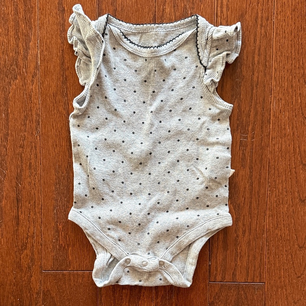 Baby GAP Gray Onesie with Black Polka Dots and Floral Sleeves